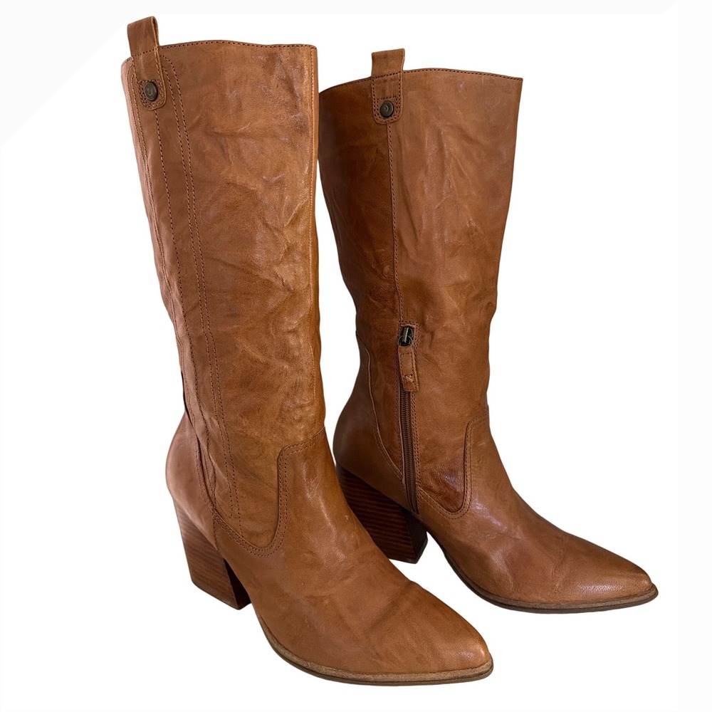 Kelsi Dagger Brooklyn Women 11 Cognac Leather Pointed Toe Block Heel Boots